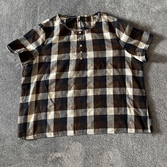 Emery Rose Women's Size 1X Brown And White Plaid Short Sleeve Tee Blouse Plus - Picture 1 of 4